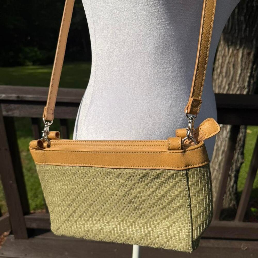 Woven Straw Crossbody  Olive & Tan Vegan Leather  Coastal Cottage‎ Summer Boho